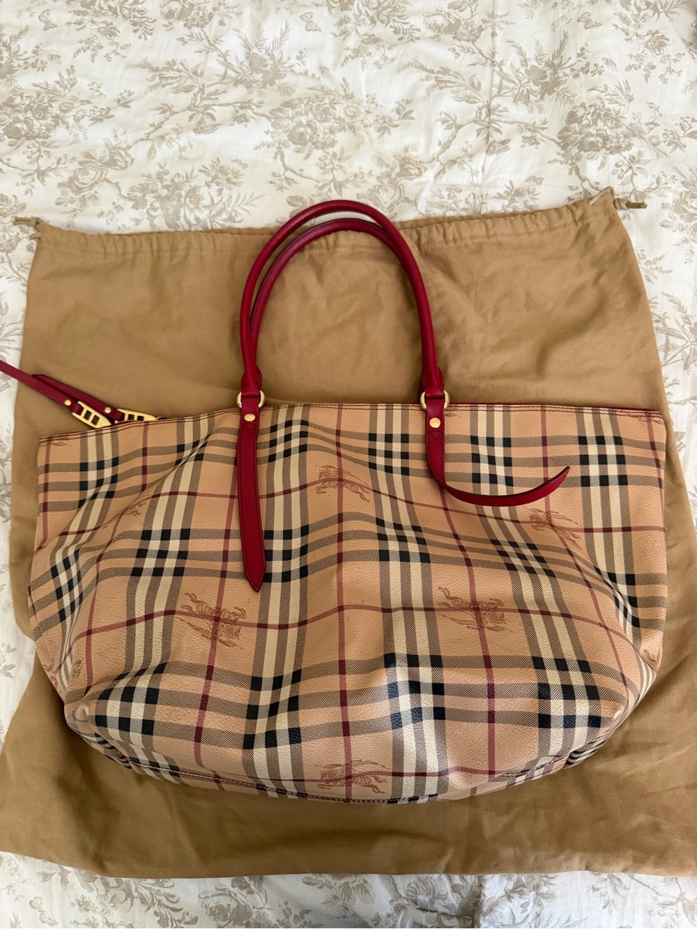Burberry Beige Check Tote with Red Leather Trim